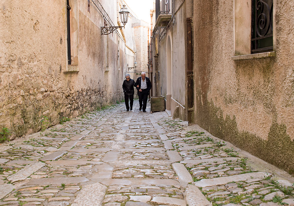 Cobbled street in Erice, Sicily.