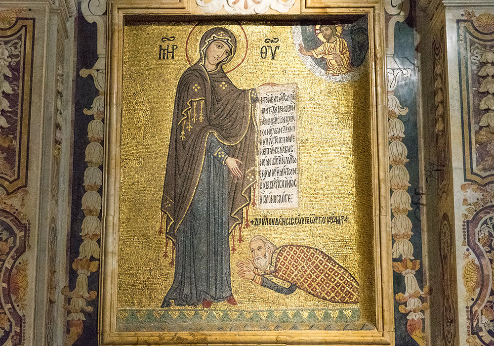George of Antioch at the feet of Virgin Mary. Byzantine mosaic in the Church of Martorana