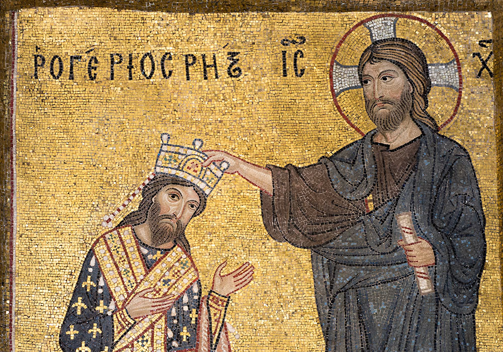 The Normans in Sicily: Roger II receiving the crown directly from Christ and not the Pope. Mosaic in the Martorana, Palermo